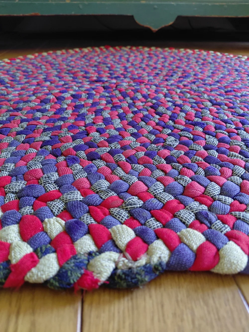Antique pre 1920s family owned handmade round red & blue braided rag rug - 29